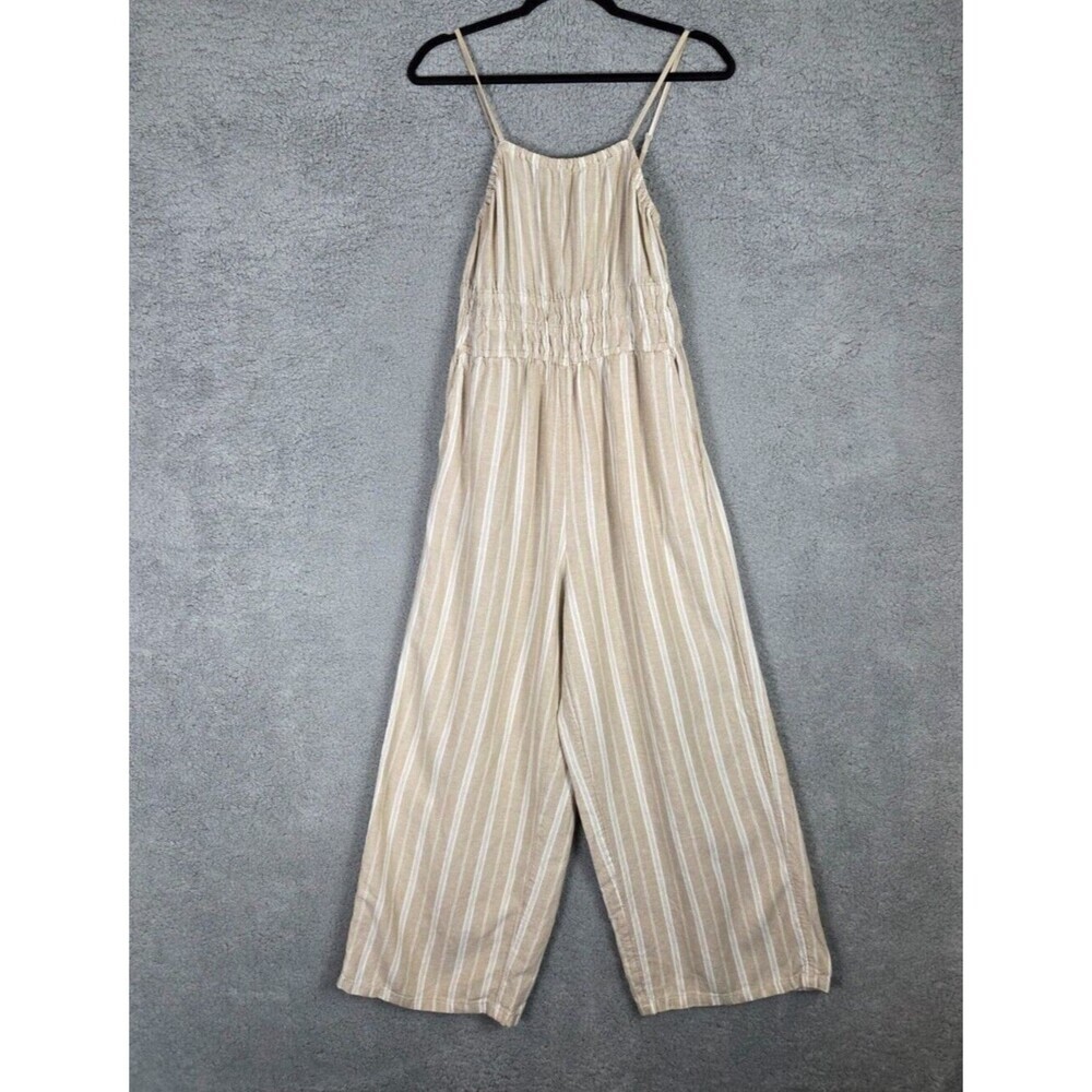 Old Navy Linen Blend Jumper M Neutral Beige Coastal Wide Leg Jumpsuit Casual‎